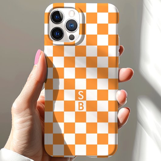Monogram Sinaasappel en wit schaakbordpatroon Case-Mate iPhone Case