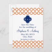 Monogram Sinaasappel, Koninklijk Blauwe Quatrefoil Aankondigingskaart (Voorkant / Achterkant)