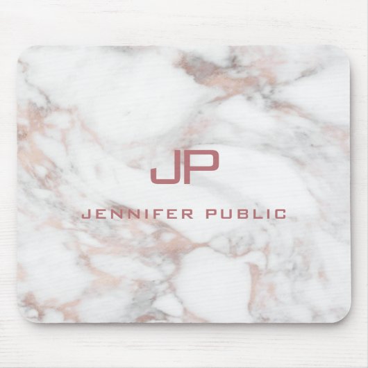 Monogram Sjabloon Elegant Roos Gold White Marble Muismat (Voorkant)