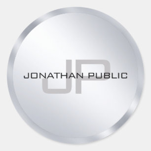 Monogram sjabloon modern elegant metaalzilver ronde sticker