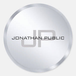 Monogram Sjabloon Moderne elegante metalen zilver Ronde Sticker