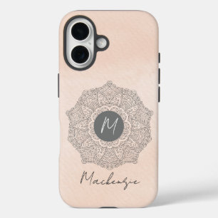 Monogram Sjabloon Naam Modern Mandala Roze Roze iPhone 16 Hoesje