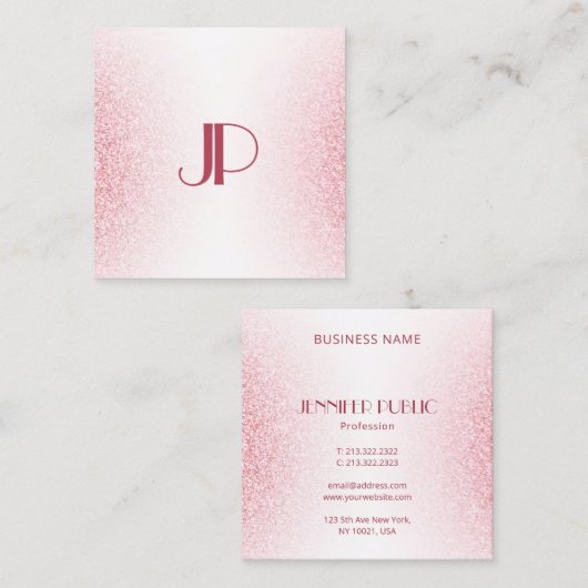Monogram Sjabloon Roze Rose Gold Glitter Modern Vierkante Visitekaartje (Voorkant / Achterkant)