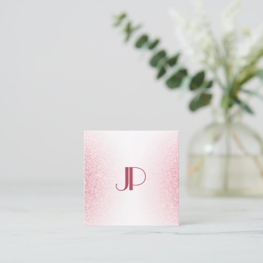 Monogram Sjabloon Roze Rose Gold Glitter Modern Vierkante Visitekaartje (Staand voorkant)
