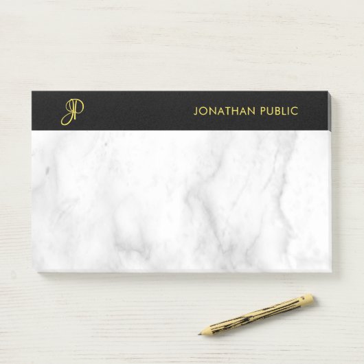 Monogram Sjabloon White Marble Black Gold Elegant Post-it® Notes (Op bureau)