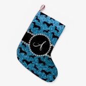 Monogram sky blue glitter dachshund kleine kerstsok (Voorkant (Hangend))