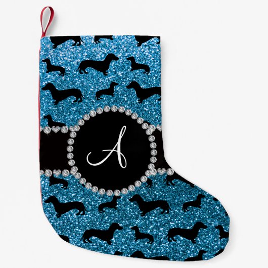 Monogram sky blue glitter dachshund kleine kerstsok (Voorkant)