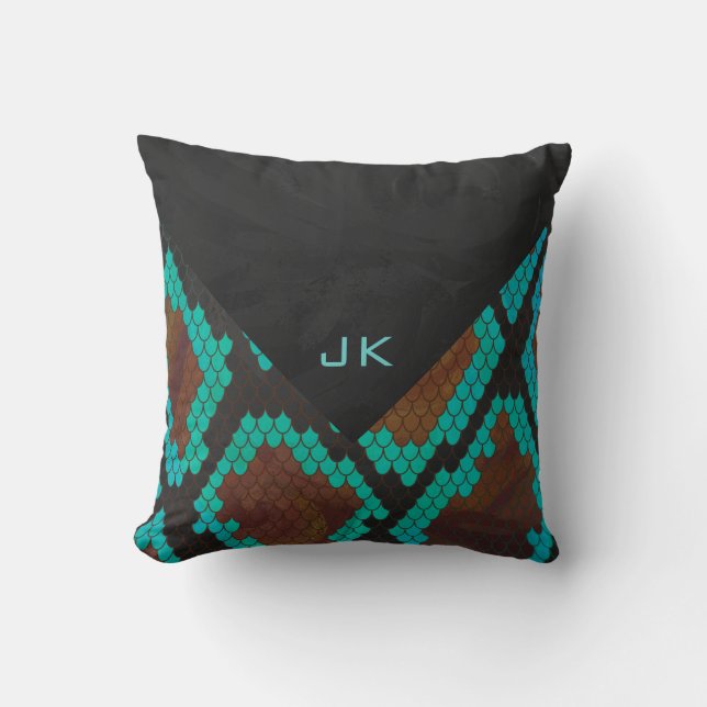 Monogram slang bruin en turkoois print kussen (Voorkant)