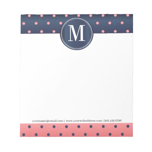 Monogram Slate Blue en Coral Polka Dots Notitieblok (Voorkant)