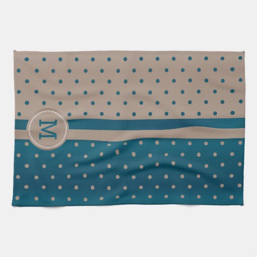 Monogram Slate Blue en Tan Polka Dot Theedoek (Horizontaal)