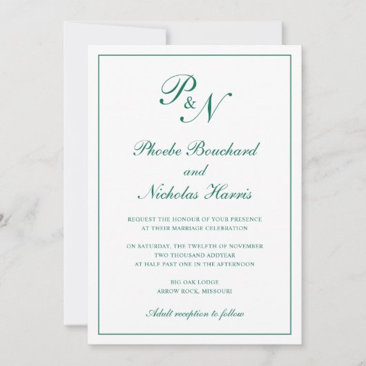Monogram smaragdgroen formele elegante bruiloft kaart (Voorkant)