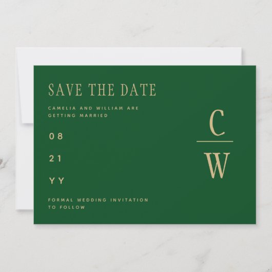 Monogram Smaragdgroene Gouden Trouwdatumkaart Save The Date (Voorkant)