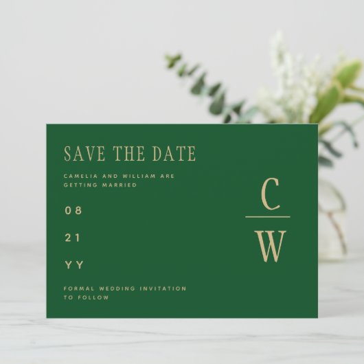 Monogram Smaragdgroene Gouden Trouwdatumkaart Save The Date (Staand voorkant)