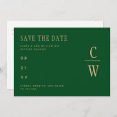 Monogram Smaragdgroene Gouden Trouwdatumkaart Save The Date (Voorkant / Achterkant)