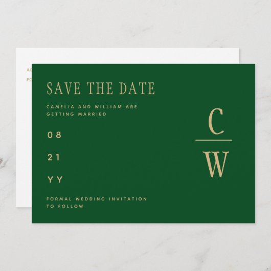Monogram Smaragdgroene Gouden Trouwdatumkaart Save The Date (Voorkant / Achterkant)