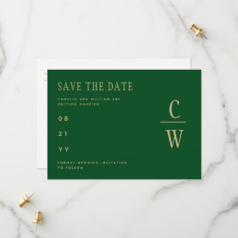 Monogram Smaragdgroene Gouden Trouwdatumkaart Save The Date