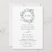 Monogram Smaragdgroene Groene Bloemen Bruiloftsinv Kaart (Voorkant)