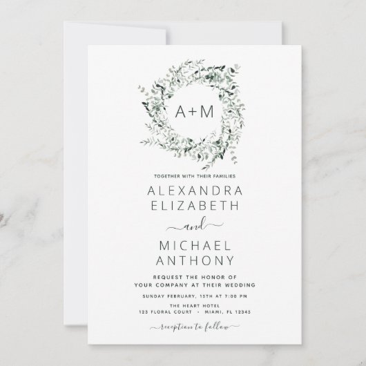 Monogram Smaragdgroene Groene Bloemen Bruiloftsinv Kaart (Voorkant)