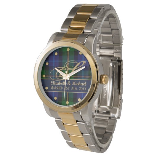 Monogram Smith Tartan Blue Green Gold Passen getro Horloge (Gekanteld)
