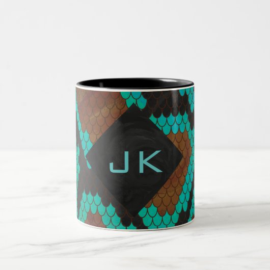 Monogram Snake Brown en Blauwgroen print Tweekleurige Koffiemok (Center)