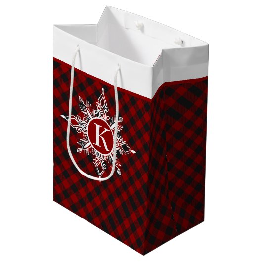 Monogram sneeuwvlok op plaid medium cadeauzakje (Voorkant Gekanteld)