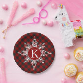 Monogram sneeuwvlok op plaid papieren bordje (Feest)