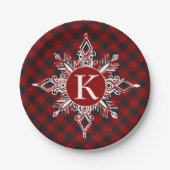Monogram sneeuwvlok op plaid papieren bordje (Voorkant)