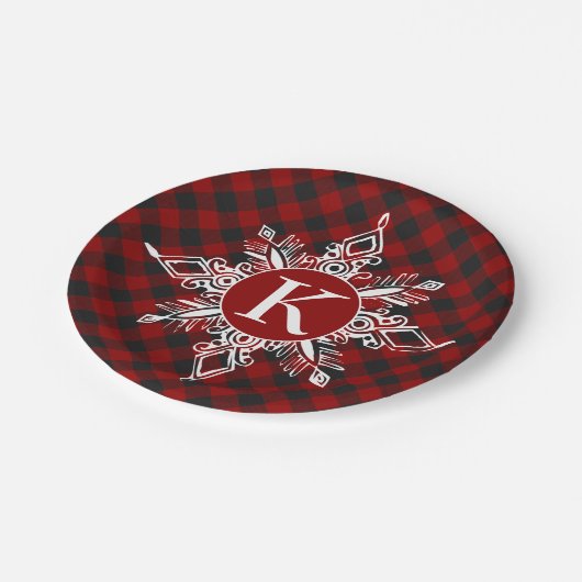 Monogram sneeuwvlok op plaid papieren bordje (Gekanteld)