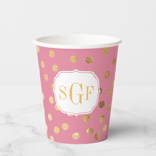 Monogram Snoep Roze Glitter Dot Patroon Papieren Bekers (Voorkant)