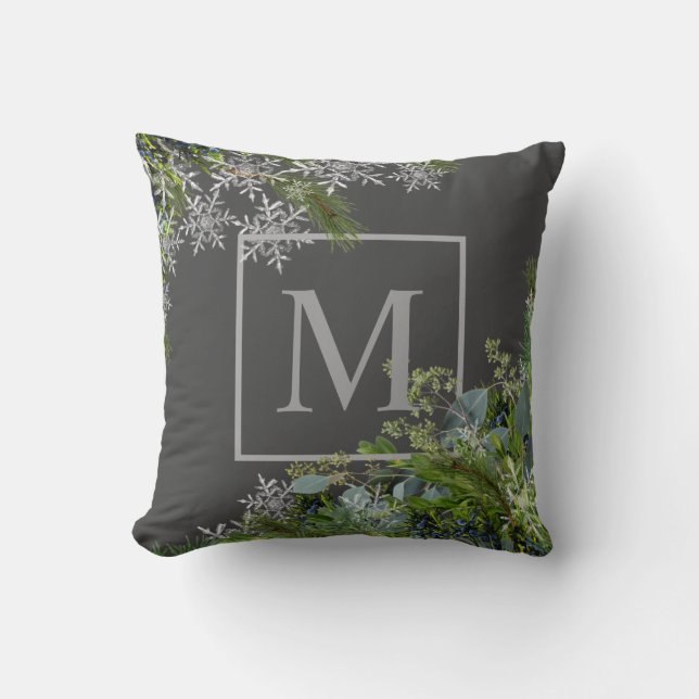 Monogram Snowflakes & Winter Foliage Gray Pillow Kussen (Voorkant)