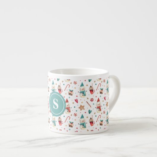 Monogram Snowman & Sweets Pattern 6oz Espresso Cup Kop (Voorkant rechts)