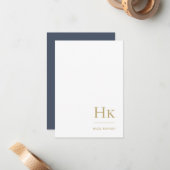 Monogram Social Notecard Elegant Navy Blue Gold Notitiekaartje (Voorkant / Achterkant in situ)