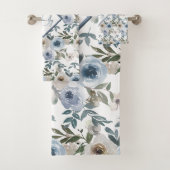 Monogram Soft Dusty Blue Waterverf Bloemen voor Bad Handdoek (Insitu)
