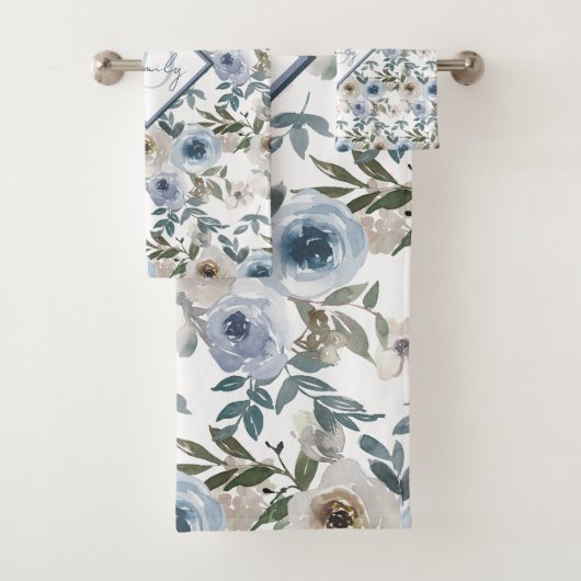 Monogram Soft Dusty Blue Waterverf Bloemen voor Bad Handdoek (Insitu)