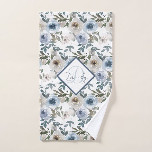 Monogram Soft Dusty Blue Waterverf Bloemen voor Bad Handdoek (Handdoek)