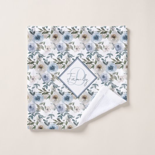 Monogram Soft Dusty Blue Waterverf Bloemen voor Bad Handdoek (Wasdoekje)