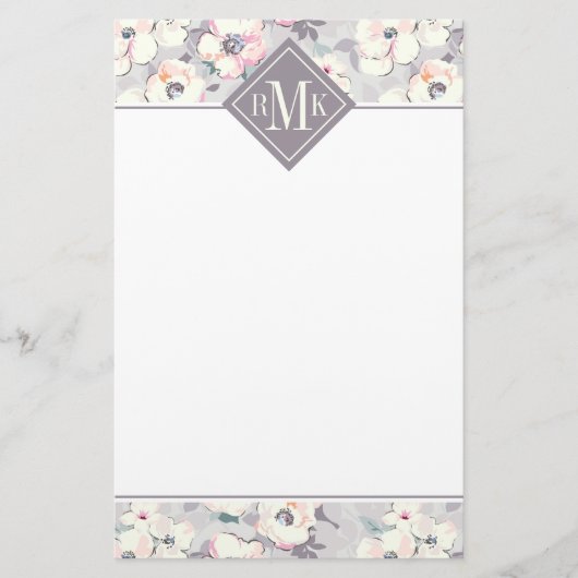 Monogram | Soft roze Waterverf Patroon Briefpapier (Voorkant)