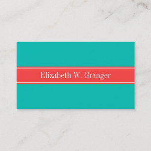 Monogram Solid Blauwgroen, Coral Red Ribbon Name Visitekaartje