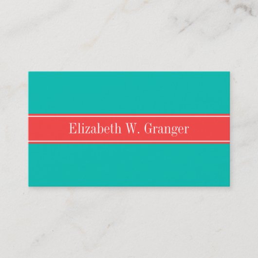 Monogram Solid Blauwgroen, Coral Red Ribbon Name Visitekaartje (Voorkant)