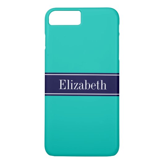 Monogram Solid Blauwgroen, Navy Blue Ribbon Name Case-Mate iPhone Case (Achterkant)