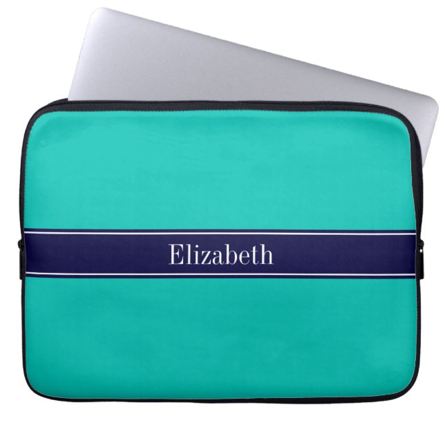 Monogram Solid Blauwgroen, Navy Blue Ribbon Name Laptop Sleeve (Voorkant)