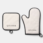 Monogram Solid Plain White sjabloon Zwart Script Ovenwant & Pannenlap Set (Voorkant)