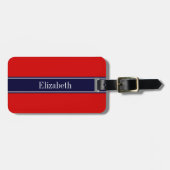 Monogram Solid Red, Navy Blue Ribbon Bagagelabel (Voorkant horizontaal)