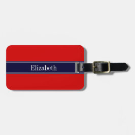 Monogram Solid Red, Navy Blue Ribbon Bagagelabel