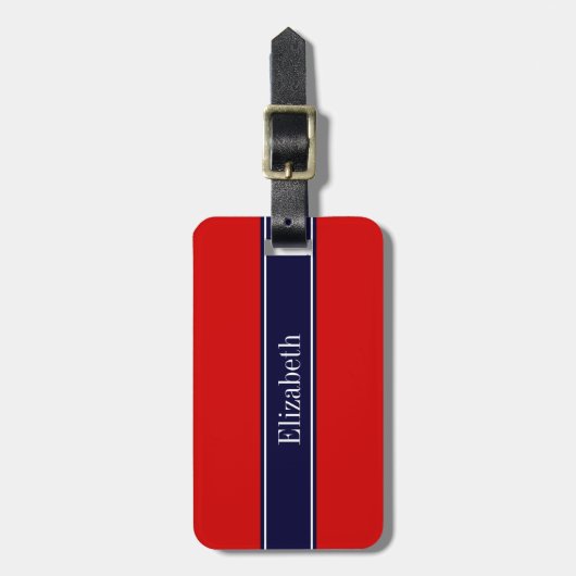 Monogram Solid Red, Navy Blue Ribbon Bagagelabel (Voorkant verticaal)