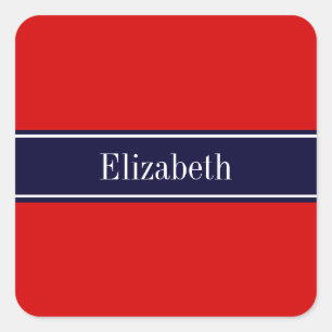 Monogram Solid Red, Navy Blue Ribbon Vierkante Sticker
