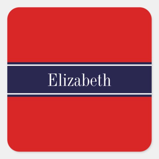 Monogram Solid Red, Navy Blue Ribbon Vierkante Sticker (Voorkant)