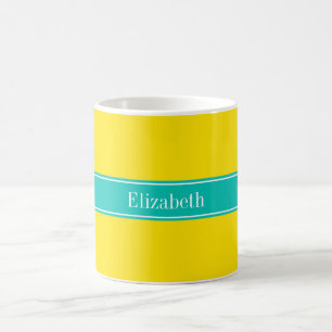 Monogram Solid Yellow, Blauwgroen Ribbon Name Koffiemok
