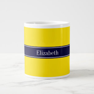 Monogram Solid Yellow, Navy Blue Ribbon Name Grote Koffiekop