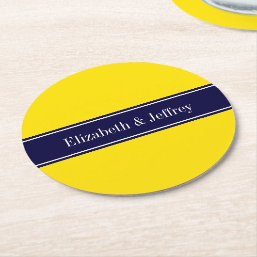 Monogram Solid Yellow, Navy Blue Ribbon Name Ronde Kartonnen Onderzetter (Gebogen)